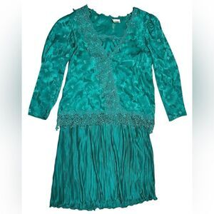 Vintage Two Piece After Dark Teal Blue Slip Dress Pleated Skirt Matching Top Set